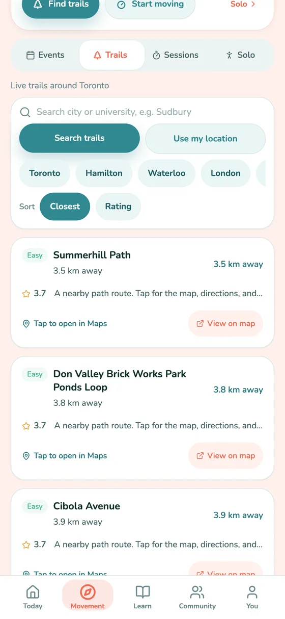 MOVE app showing nearby movement options