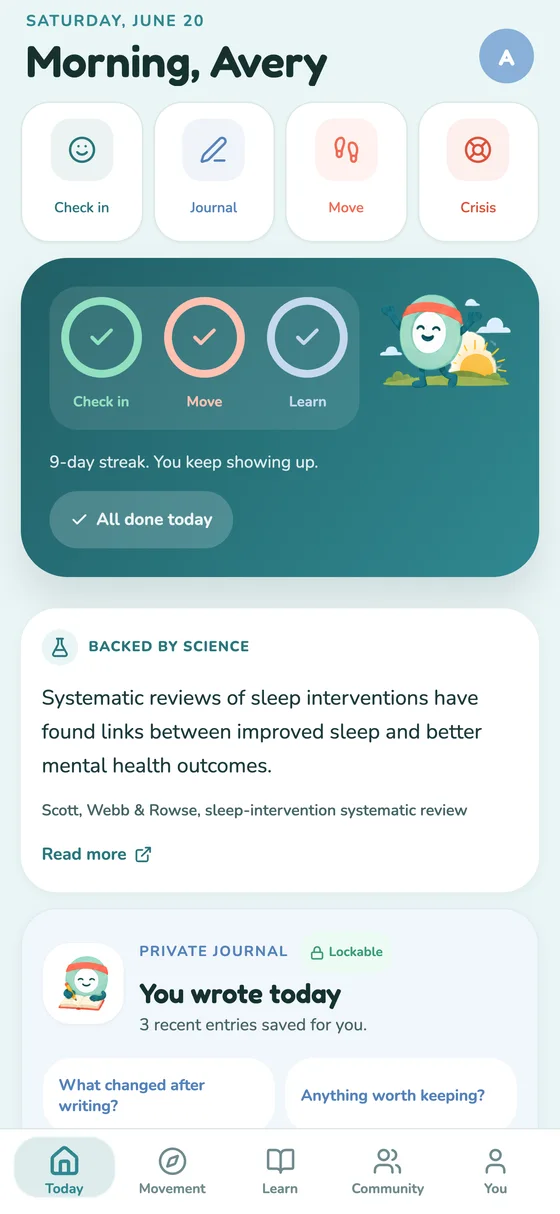 MOVE app Today screen with focus and wellbeing tools